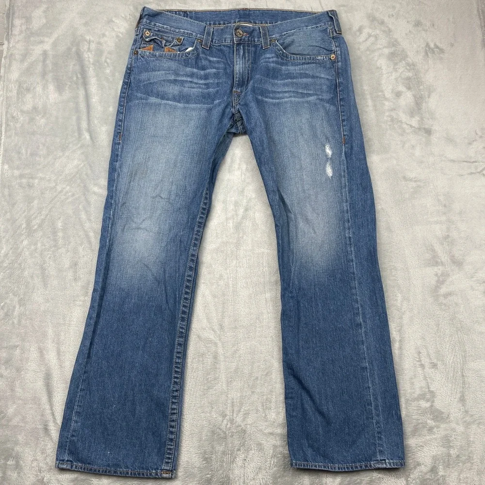 True Religion Straight Leg Jeans Mens 40x32 Blue Medium Wash Distressed Y2K